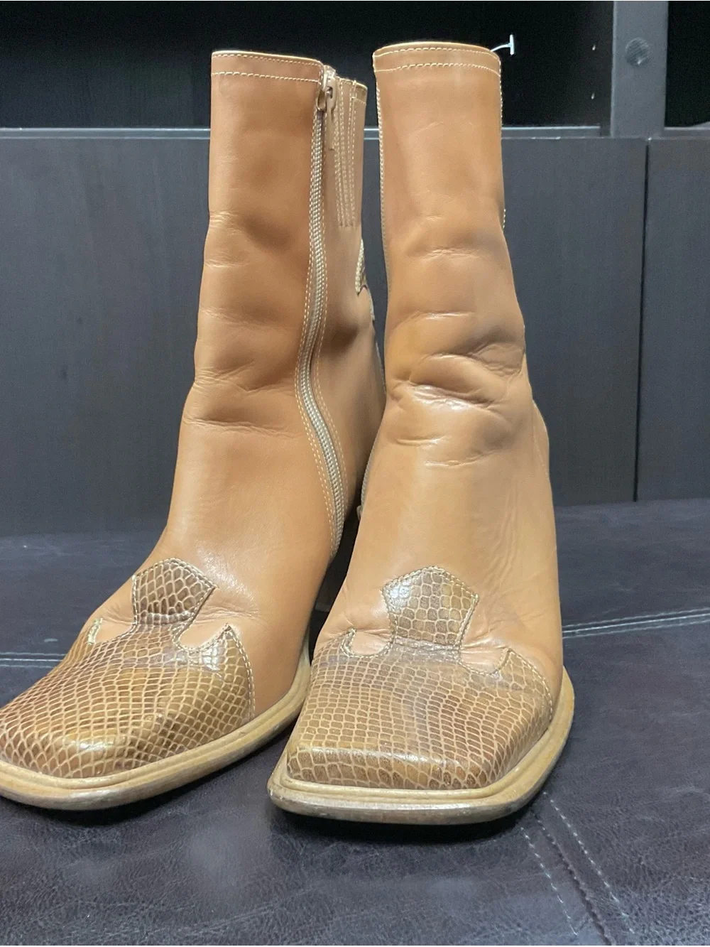Vintage Y2K Diba Tan Leather Block Heel Boots with Snake Trim